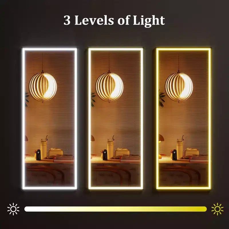Miroir pleine longueur LED COZONY 70x28, éclairage réglable à 3 couleurs, miroir sur pied ou à fixation murale avec cadre métallique