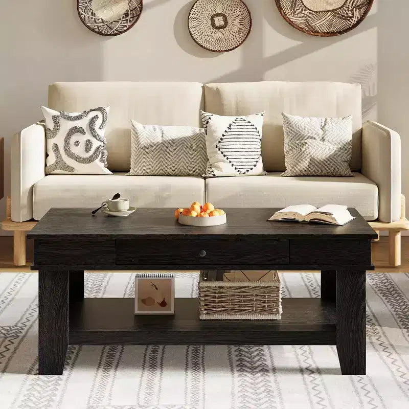 Long Rectangular Coffee Table with Storage Drawer, Rusty Farmhouse Style, Open Shelf, Black Finish