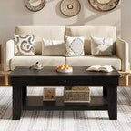 Long Rectangular Coffee Table with Storage Drawer, Rusty Farmhouse Style, Open Shelf, Black Finish