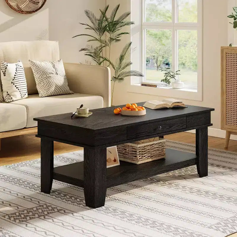 Table basse rectangulaire longue avec tiroir de rangement, style champêtre rustique, étagère ouverte, finition noire