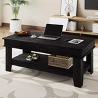 Table basse rectangulaire longue avec tiroir de rangement, style champêtre rustique, étagère ouverte, finition noire