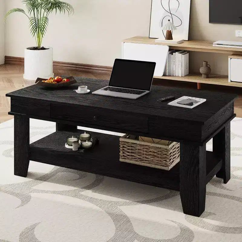 Long Rectangular Coffee Table with Storage Drawer, Rusty Farmhouse Style, Open Shelf, Black Finish