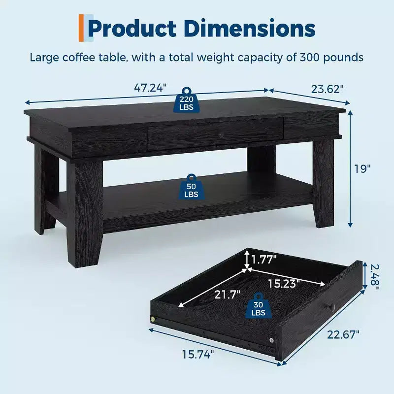 Table basse rectangulaire longue avec tiroir de rangement, style champêtre rustique, étagère ouverte, finition noire