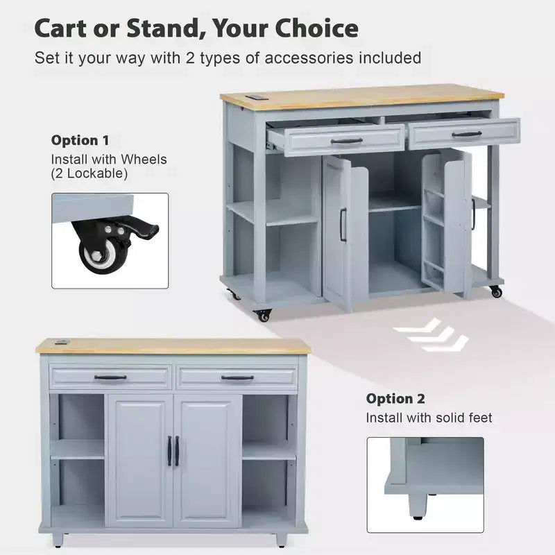 47 mobile kitchen island cart with wheels, extendable dining table, power outlet, 2 drawers & 2 cabinetsversatile storage solution