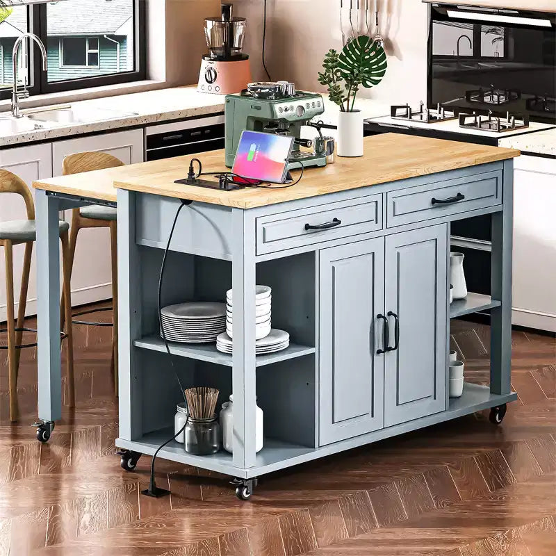 47 mobile kitchen island cart with wheels, extendable dining table, power outlet, 2 drawers & 2 cabinetsversatile storage solution