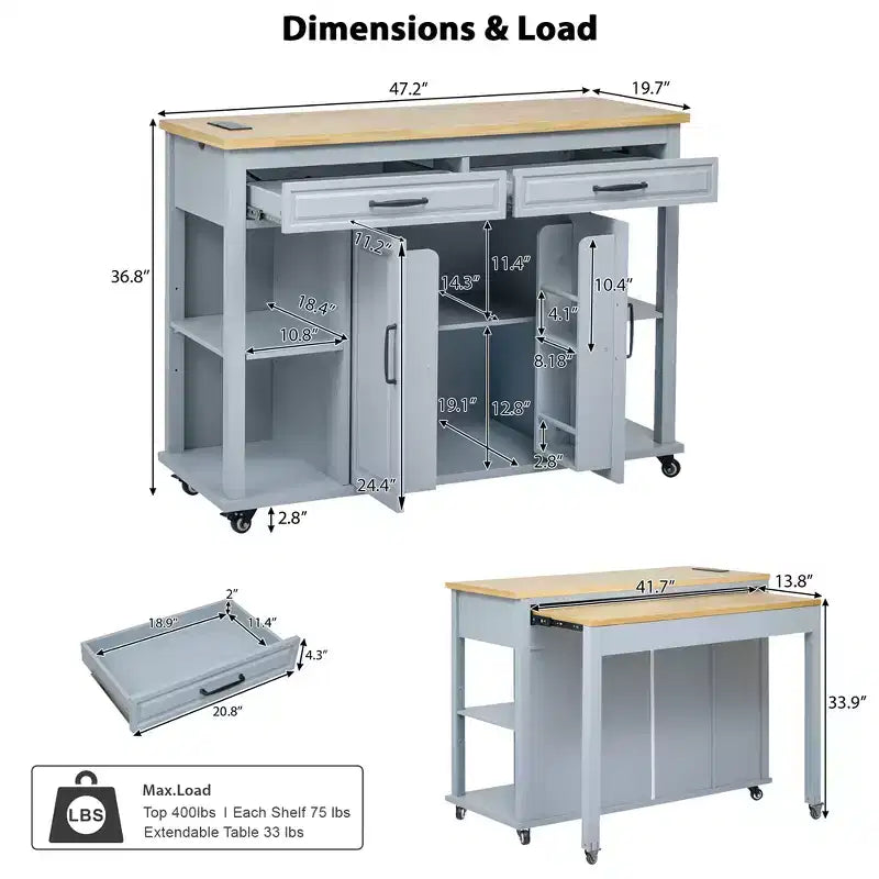47 mobile kitchen island cart with wheels, extendable dining table, power outlet, 2 drawers & 2 cabinetsversatile storage solution