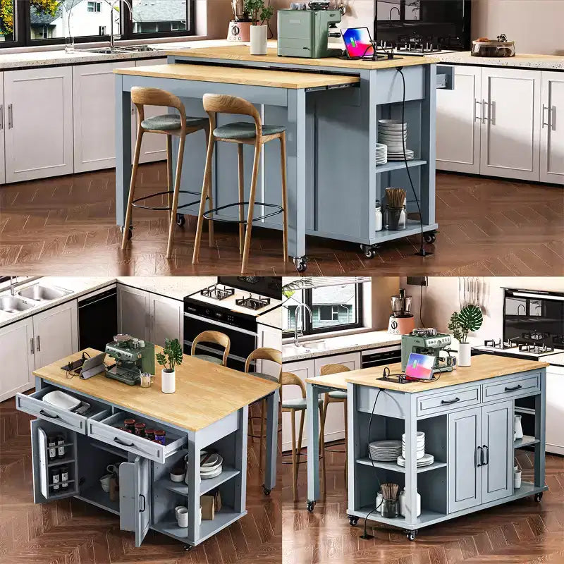 47 mobile kitchen island cart with wheels, extendable dining table, power outlet, 2 drawers & 2 cabinetsversatile storage solution