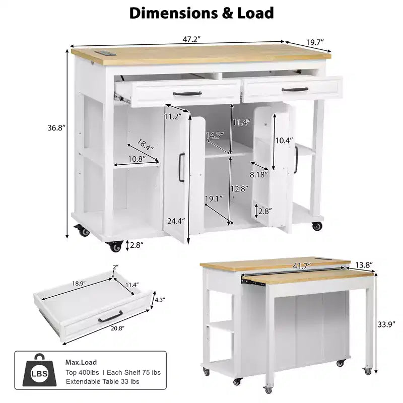 47 mobile kitchen island cart with wheels, extendable dining table, power outlet, 2 drawers & 2 cabinetsversatile storage solution