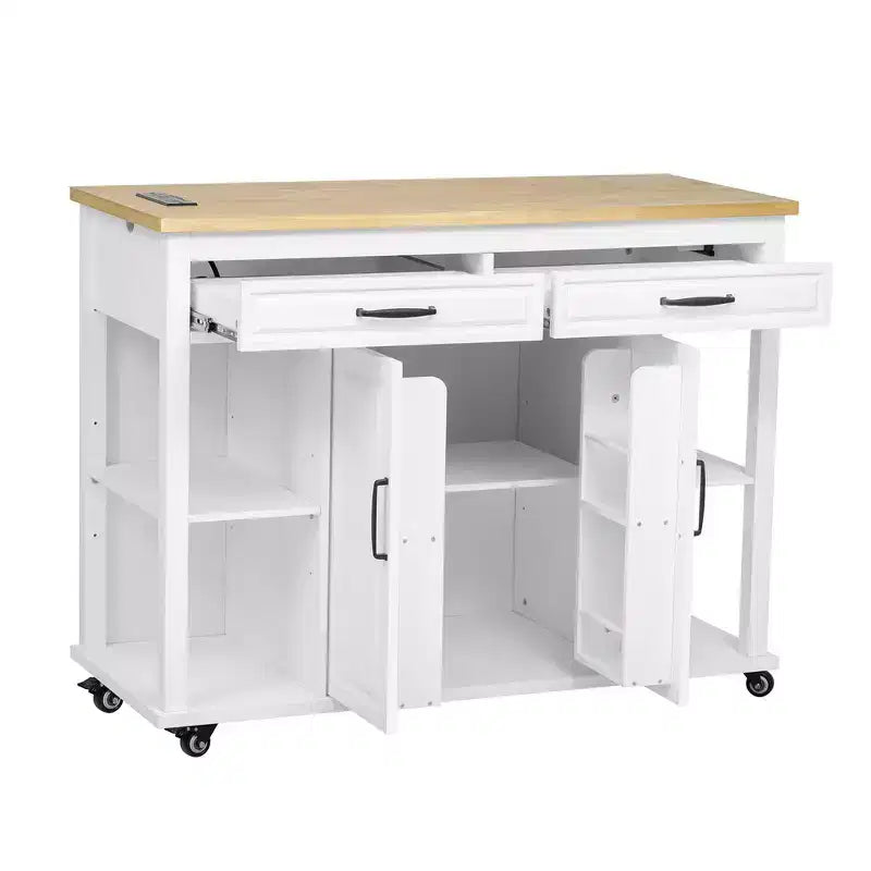 47 mobile kitchen island cart with wheels, extendable dining table, power outlet, 2 drawers & 2 cabinetsversatile storage solution