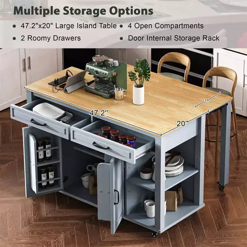 47 mobile kitchen island cart with wheels, extendable dining table, power outlet, 2 drawers & 2 cabinetsversatile storage solution