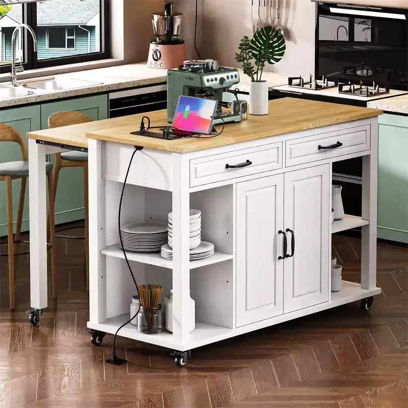 47 mobile kitchen island cart with wheels, extendable dining table, power outlet, 2 drawers & 2 cabinetsversatile storage solution