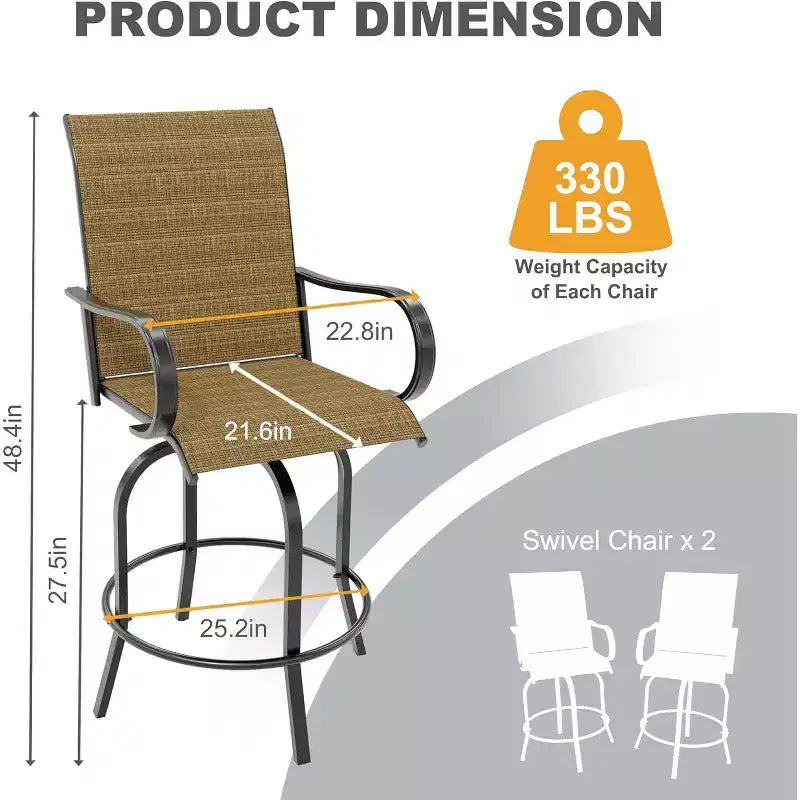 Ensemble de 2 tabourets de bar pivotants d’extérieur COZONY, chaises de jardin à dossier haut et accoudoirs, tous temps, pour terrasse, pelouse, jardin et arrière-cour