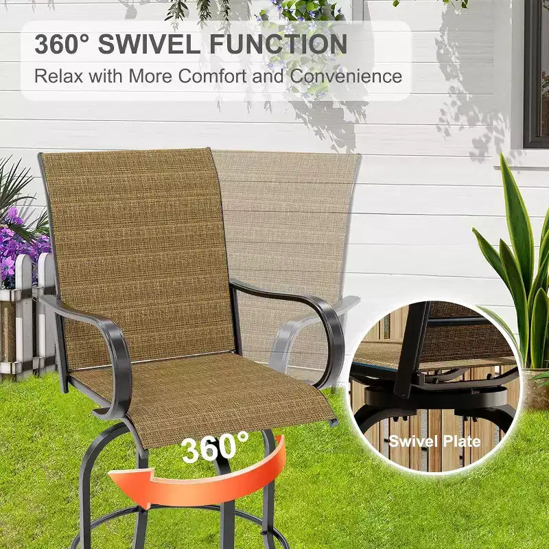 Ensemble de 2 tabourets de bar pivotants d’extérieur COZONY, chaises de jardin à dossier haut et accoudoirs, tous temps, pour terrasse, pelouse, jardin et arrière-cour
