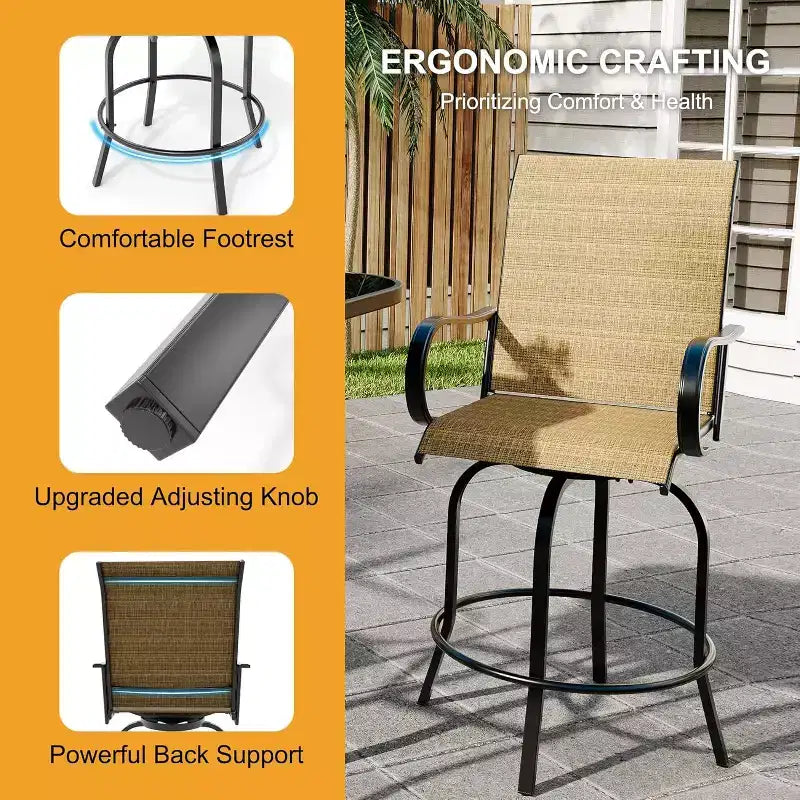Ensemble de 2 tabourets de bar pivotants d’extérieur COZONY, chaises de jardin à dossier haut et accoudoirs, tous temps, pour terrasse, pelouse, jardin et arrière-cour
