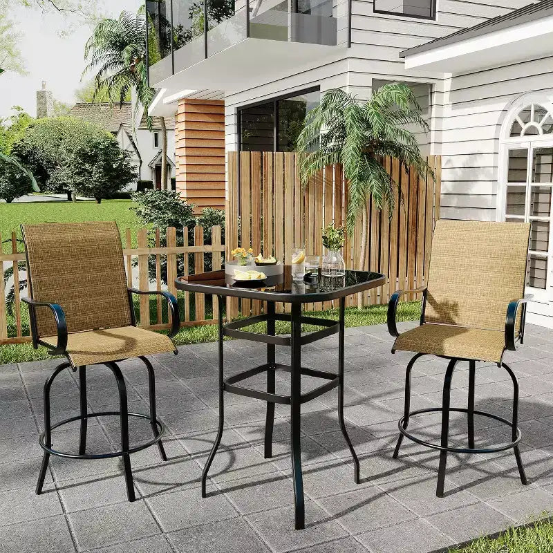 Ensemble de 2 tabourets de bar pivotants d’extérieur COZONY, chaises de jardin à dossier haut et accoudoirs, tous temps, pour terrasse, pelouse, jardin et arrière-cour