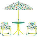 Qaba Kids Picnic Table with 2 Folding Chairs and Umbrella, Jungle Theme Portable Children Outdoor Furniture for Backyard, Garden, Patio, Green