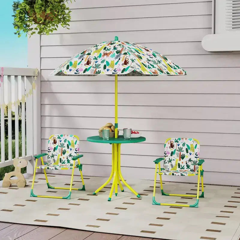 Table de pique-nique pour enfants Qaba avec 2 chaises pliantes et parasol, thème jungle, mobilier d’extérieur portable pour enfants, pour cour, jardin ou terrasse, vert