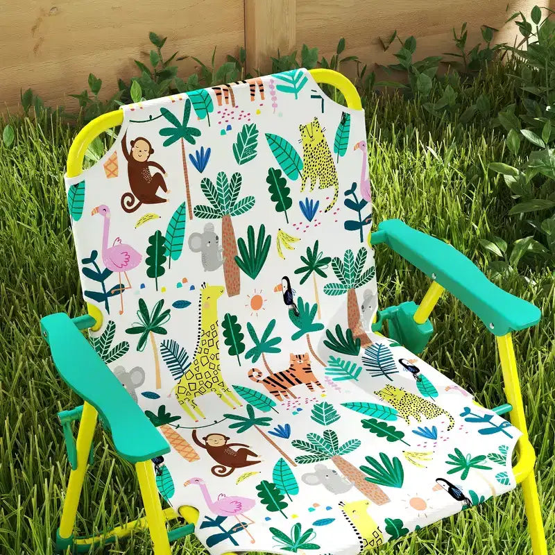 Table de pique-nique pour enfants Qaba avec 2 chaises pliantes et parasol, thème jungle, mobilier d’extérieur portable pour enfants, pour cour, jardin ou terrasse, vert