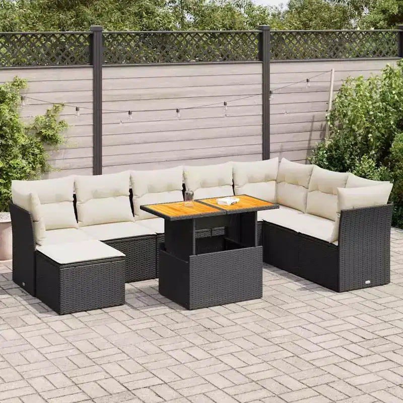 Set di divani da giardino vidaXL da 9 pezzi con cuscini, polyrattan e acacia