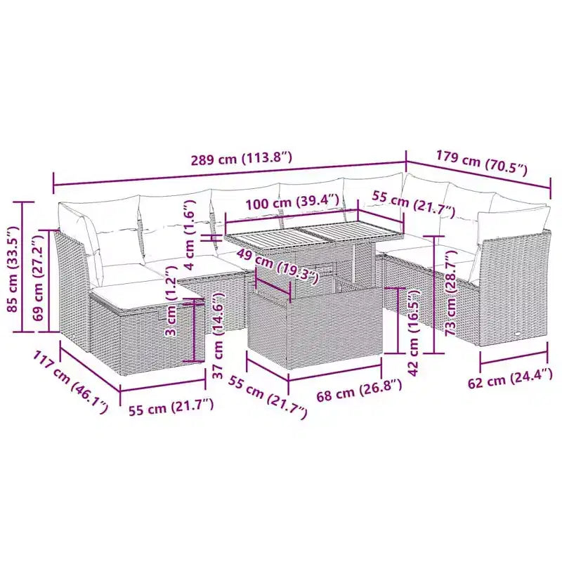Set di divani da giardino vidaXL da 9 pezzi con cuscini, polyrattan e acacia