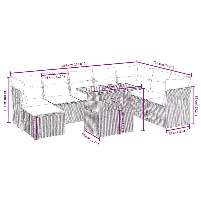 Set di divani da giardino vidaXL da 9 pezzi con cuscini, polyrattan e acacia