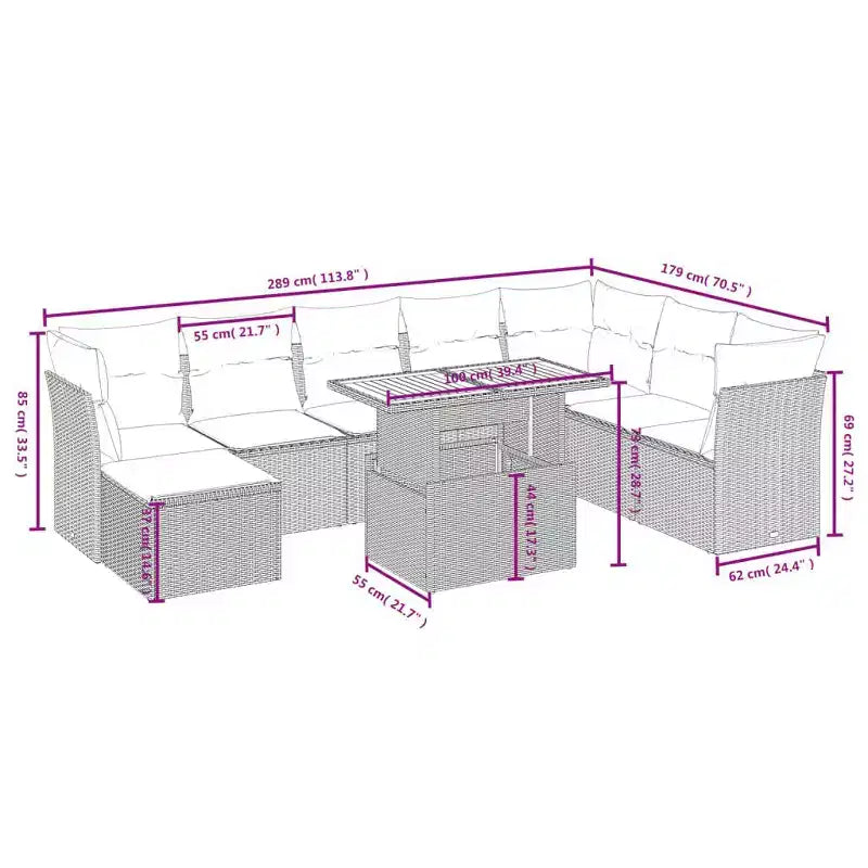 Set di divani da giardino vidaXL da 9 pezzi con cuscini, polyrattan e acacia
