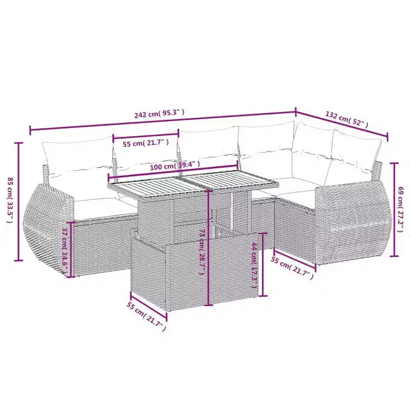 Set di divani da giardino vidaXL in rattan PE, 6 pezzi, con fodere rimovibili