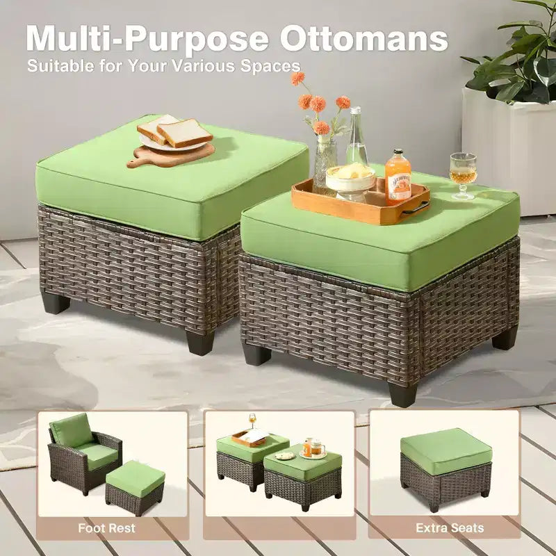 HOMLUX 7-teiliges Lounge-Set aus Korbgeflecht mit 3-Sitzer-Sofa, Zweisitzer-Sofa, Rattanstühlen, Hockern und Feuerstelle für Garten und Hinterhof