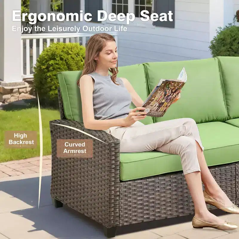 HOMLUX 7-teiliges Lounge-Set aus Korbgeflecht mit 3-Sitzer-Sofa, Zweisitzer-Sofa, Rattanstühlen, Hockern und Feuerstelle für Garten und Hinterhof