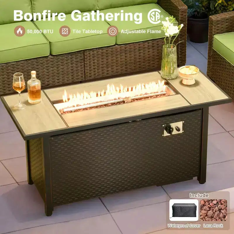 HOMLUX 7-teiliges Lounge-Set aus Korbgeflecht mit 3-Sitzer-Sofa, Zweisitzer-Sofa, Rattanstühlen, Hockern und Feuerstelle für Garten und Hinterhof
