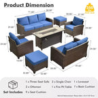 HOMLUX 7-teiliges Lounge-Set aus Korbgeflecht mit 3-Sitzer-Sofa, Zweisitzer-Sofa, Rattanstühlen, Hockern und Feuerstelle für Garten und Hinterhof