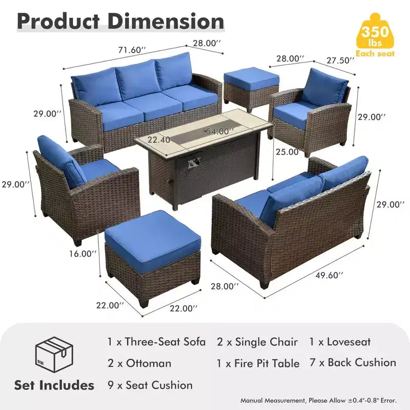 HOMLUX 7-teiliges Lounge-Set aus Korbgeflecht mit 3-Sitzer-Sofa, Zweisitzer-Sofa, Rattanstühlen, Hockern und Feuerstelle für Garten und Hinterhof