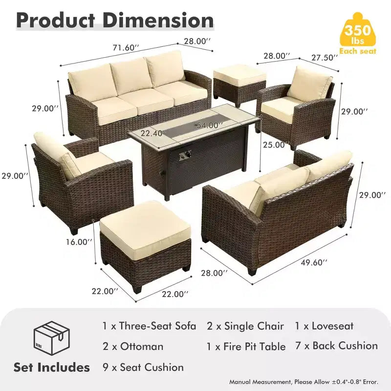 HOMLUX 7-teiliges Lounge-Set aus Korbgeflecht mit 3-Sitzer-Sofa, Zweisitzer-Sofa, Rattanstühlen, Hockern und Feuerstelle für Garten und Hinterhof