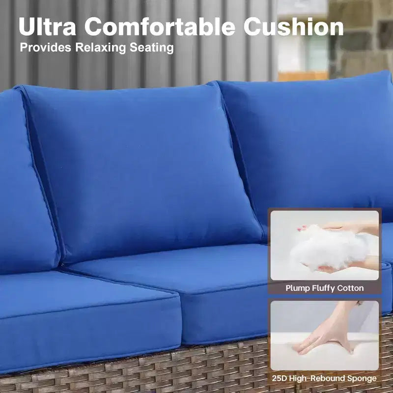 HOMLUX 7-teiliges Lounge-Set aus Korbgeflecht mit 3-Sitzer-Sofa, Zweisitzer-Sofa, Rattanstühlen, Hockern und Feuerstelle für Garten und Hinterhof