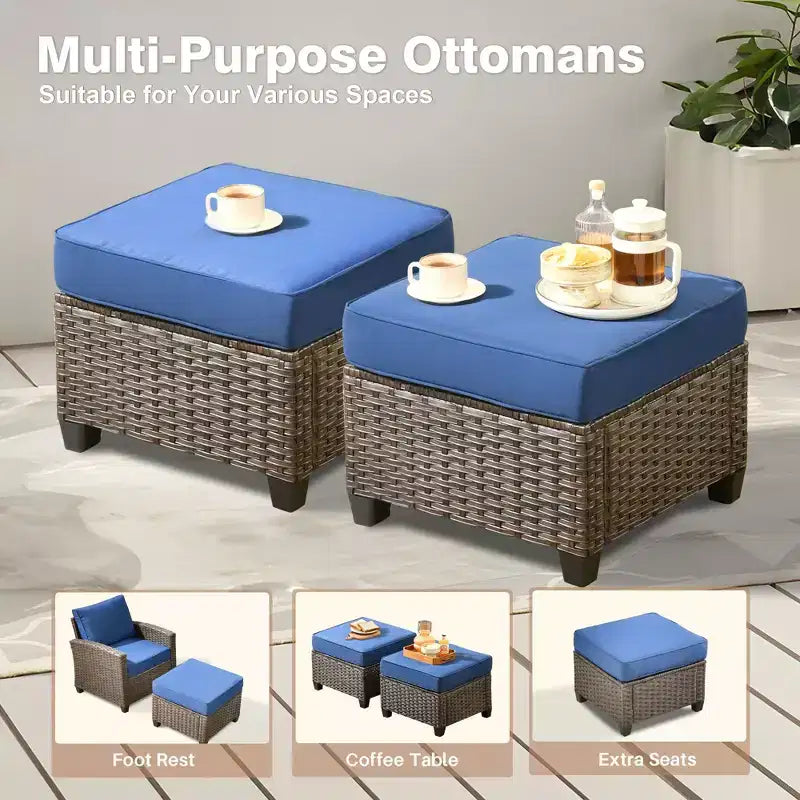 HOMLUX 7-teiliges Lounge-Set aus Korbgeflecht mit 3-Sitzer-Sofa, Zweisitzer-Sofa, Rattanstühlen, Hockern und Feuerstelle für Garten und Hinterhof