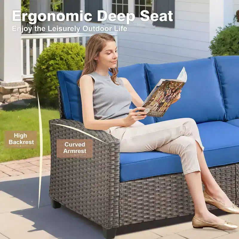 HOMLUX 7-teiliges Lounge-Set aus Korbgeflecht mit 3-Sitzer-Sofa, Zweisitzer-Sofa, Rattanstühlen, Hockern und Feuerstelle für Garten und Hinterhof