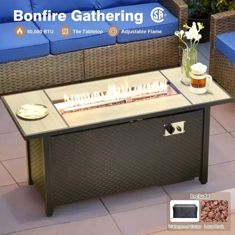 HOMLUX 7-teiliges Lounge-Set aus Korbgeflecht mit 3-Sitzer-Sofa, Zweisitzer-Sofa, Rattanstühlen, Hockern und Feuerstelle für Garten und Hinterhof