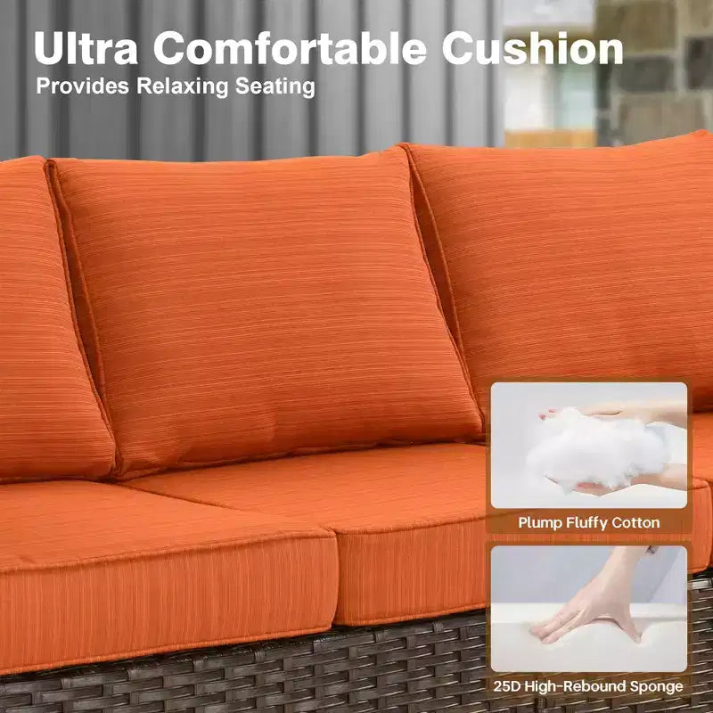 HOMLUX 7-teiliges Lounge-Set aus Korbgeflecht mit 3-Sitzer-Sofa, Zweisitzer-Sofa, Rattanstühlen, Hockern und Feuerstelle für Garten und Hinterhof