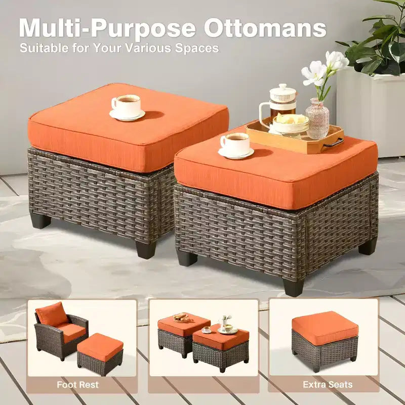 HOMLUX 7-teiliges Lounge-Set aus Korbgeflecht mit 3-Sitzer-Sofa, Zweisitzer-Sofa, Rattanstühlen, Hockern und Feuerstelle für Garten und Hinterhof