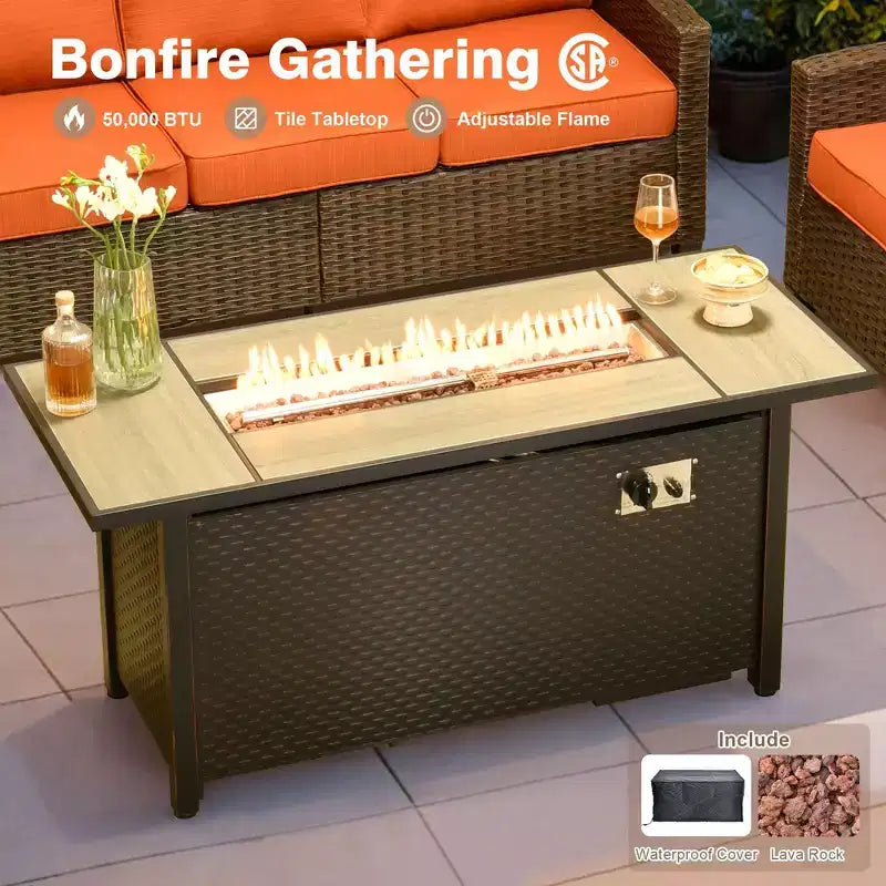 HOMLUX 7-teiliges Lounge-Set aus Korbgeflecht mit 3-Sitzer-Sofa, Zweisitzer-Sofa, Rattanstühlen, Hockern und Feuerstelle für Garten und Hinterhof