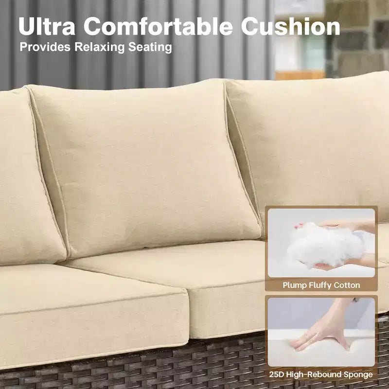 HOMLUX 7-teiliges Lounge-Set aus Korbgeflecht mit 3-Sitzer-Sofa, Zweisitzer-Sofa, Rattanstühlen, Hockern und Feuerstelle für Garten und Hinterhof