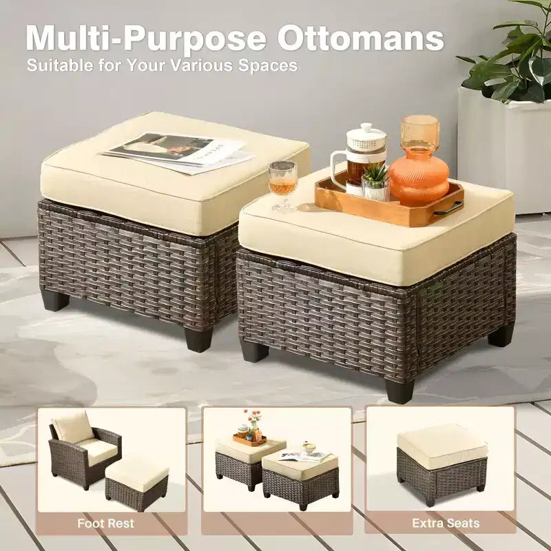 HOMLUX 7-teiliges Lounge-Set aus Korbgeflecht mit 3-Sitzer-Sofa, Zweisitzer-Sofa, Rattanstühlen, Hockern und Feuerstelle für Garten und Hinterhof