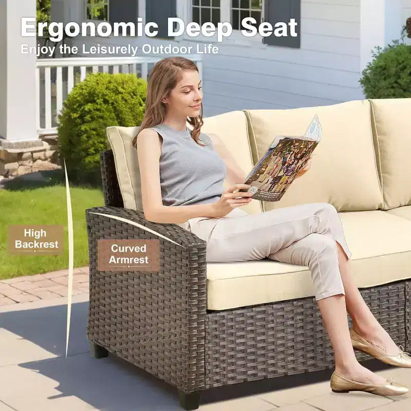 HOMLUX 7-teiliges Lounge-Set aus Korbgeflecht mit 3-Sitzer-Sofa, Zweisitzer-Sofa, Rattanstühlen, Hockern und Feuerstelle für Garten und Hinterhof