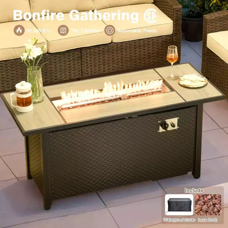 HOMLUX 7-teiliges Lounge-Set aus Korbgeflecht mit 3-Sitzer-Sofa, Zweisitzer-Sofa, Rattanstühlen, Hockern und Feuerstelle für Garten und Hinterhof
