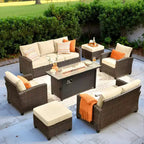 HOMLUX 7 Pieces Wicker Conversation Set, 3-Seat Sofa, Loveseat, Rattan Chairs, Ottomans & Firepit for Garden Backyard