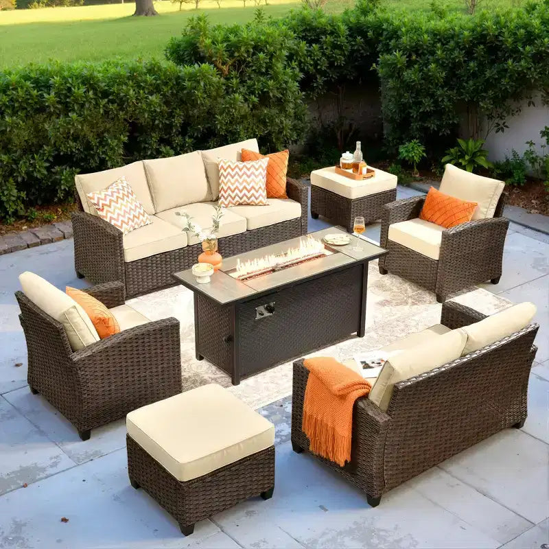 HOMLUX 7 Pieces Wicker Conversation Set, 3-Seat Sofa, Loveseat, Rattan Chairs, Ottomans & Firepit for Garden Backyard