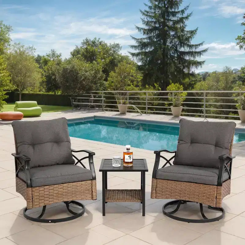 Whisen 3 Piece Outdoor Swivel Rocker Chairs Set with 1 Table and 2 Rocking & Swivel Chairs - Brown & Gray