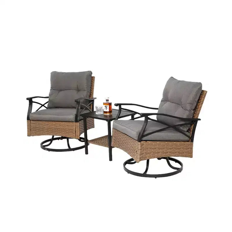 Ensemble Whisen de 3 pièces pour extérieur, avec 1 table et 2 fauteuils à bascule pivotants – marron et gris
