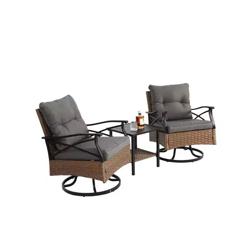 Ensemble Whisen de 3 pièces pour extérieur, avec 1 table et 2 fauteuils à bascule pivotants – marron et gris