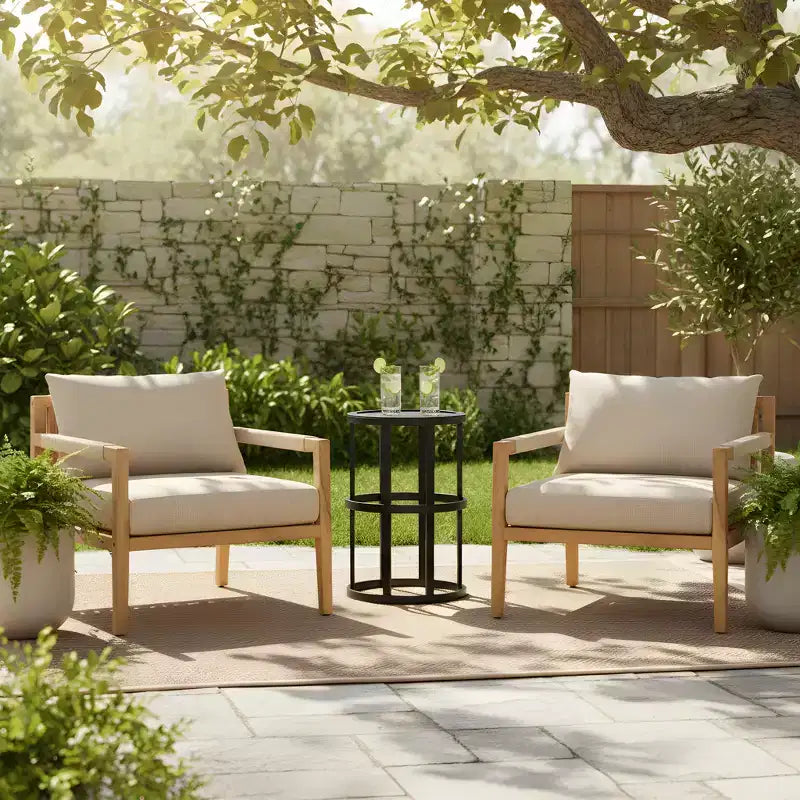 Christopher Knight Home Justina 3 Piece Outdoor Acacia Wood Rope Chair with Ceramic Tile End Table